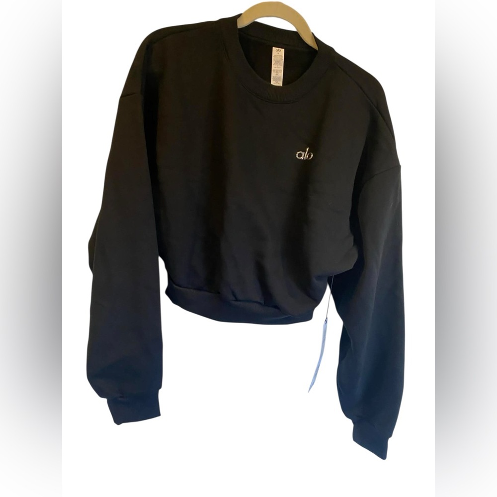 ALO Yoga Black Cropped Crew Sweatshirt with Subtle Logo